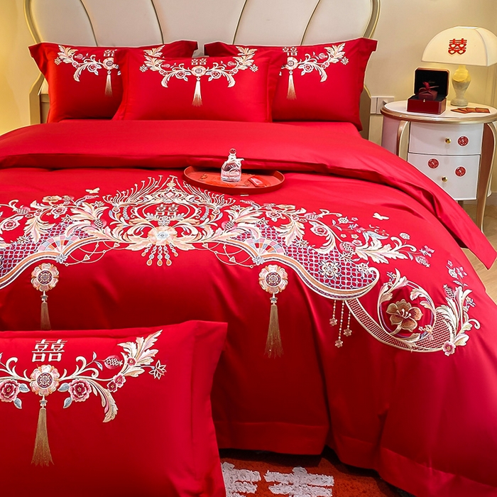 91家纺网 家纺一手货源 找家纺 置顶家纺 2025新款亲肤磨毛刺绣婚庆四件套系列-棚拍 天作之合-大红