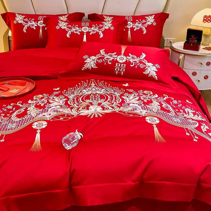 91家纺网 家纺一手货源 找家纺 置顶家纺 2025新款亲肤磨毛刺绣婚庆四件套系列-棚拍 天作之合-大红
