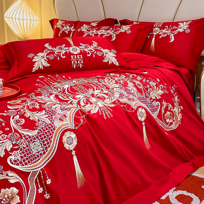 91家纺网 家纺一手货源 找家纺 置顶家纺 2025新款亲肤磨毛刺绣婚庆四件套系列-棚拍 天作之合-大红