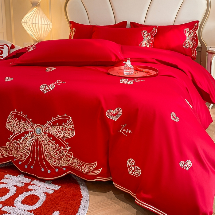 91家纺网 家纺一手货源 找家纺 置顶家纺 2025新款亲肤磨毛刺绣婚庆四件套系列-棚拍 唯一-大红