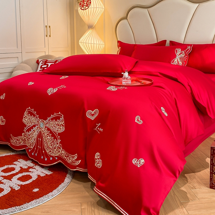 91家纺网 家纺一手货源 找家纺 置顶家纺 2025新款亲肤磨毛刺绣婚庆四件套系列-棚拍 唯一-大红