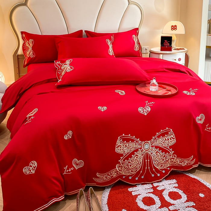 91家纺网 家纺一手货源 找家纺 置顶家纺 2025新款亲肤磨毛刺绣婚庆四件套系列-棚拍 唯一-大红