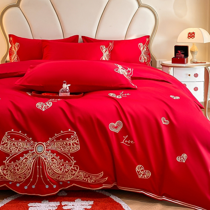 91家纺网 家纺一手货源 找家纺 置顶家纺 2025新款亲肤磨毛刺绣婚庆四件套系列-棚拍 唯一-大红