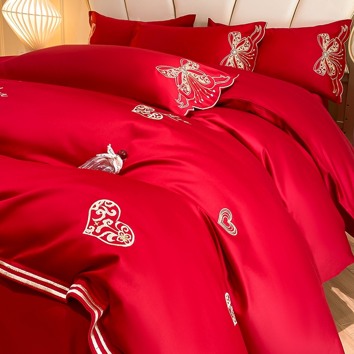 91家纺网 家纺一手货源 找家纺 置顶家纺 2025新款亲肤磨毛刺绣婚庆四件套系列-棚拍 唯一-大红