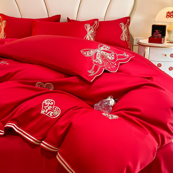 91家纺网 家纺一手货源 找家纺 置顶家纺 2025新款亲肤磨毛刺绣婚庆四件套系列-棚拍 唯一-大红