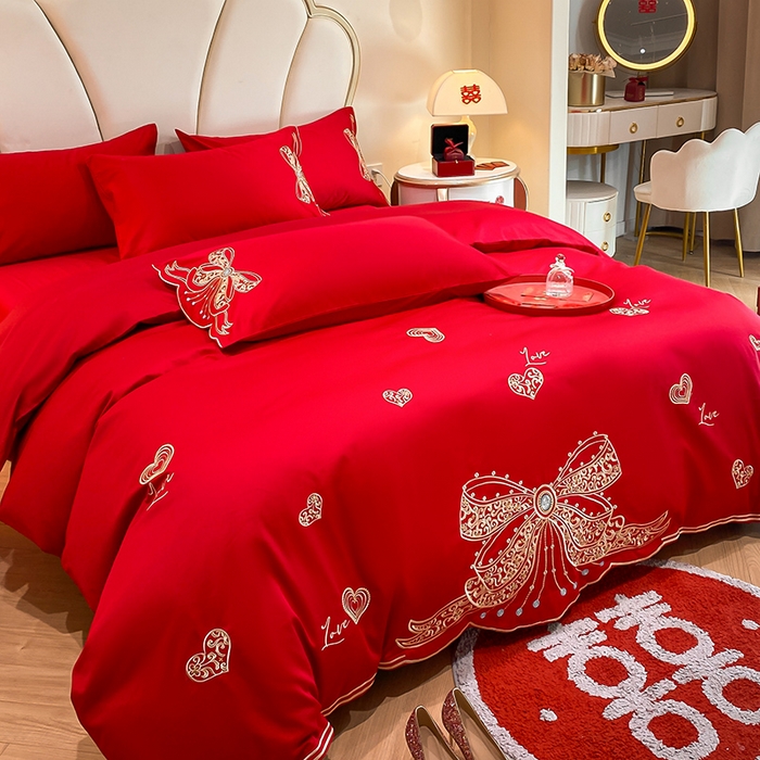 91家纺网 家纺一手货源 找家纺 置顶家纺 2025新款亲肤磨毛刺绣婚庆四件套系列-棚拍 唯一-大红