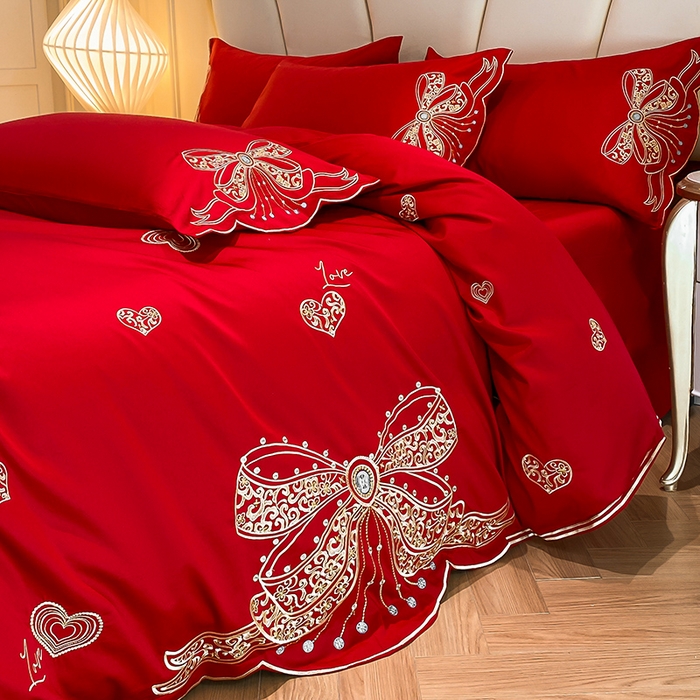 91家纺网 家纺一手货源 找家纺 置顶家纺 2025新款亲肤磨毛刺绣婚庆四件套系列-棚拍 唯一-大红