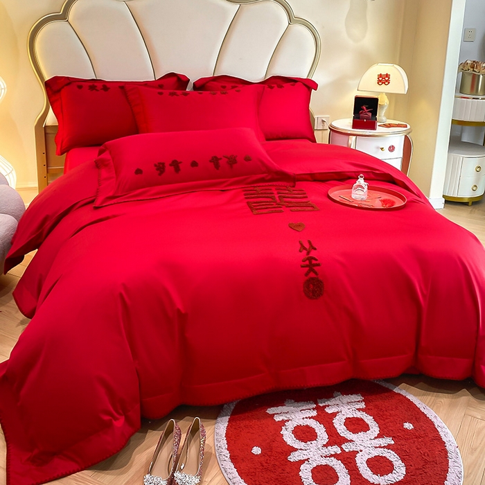 91家纺网 家纺一手货源 找家纺 置顶家纺 2025新款亲肤磨毛刺绣婚庆四件套系列-棚拍 喜从天降-大红