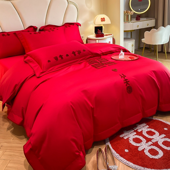 91家纺网 家纺一手货源 找家纺 置顶家纺 2025新款亲肤磨毛刺绣婚庆四件套系列-棚拍 喜从天降-大红