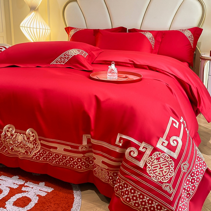 91家纺网 家纺一手货源 找家纺 置顶家纺 2025新款亲肤磨毛刺绣婚庆四件套系列-棚拍 喜结良缘-大红