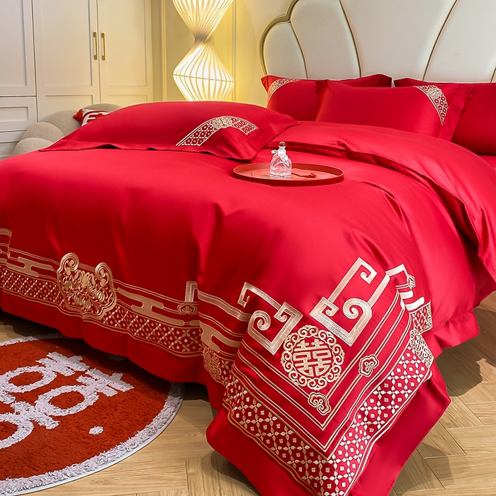 91家纺网 家纺一手货源 找家纺 置顶家纺 2025新款亲肤磨毛刺绣婚庆四件套系列-棚拍 喜结良缘-大红