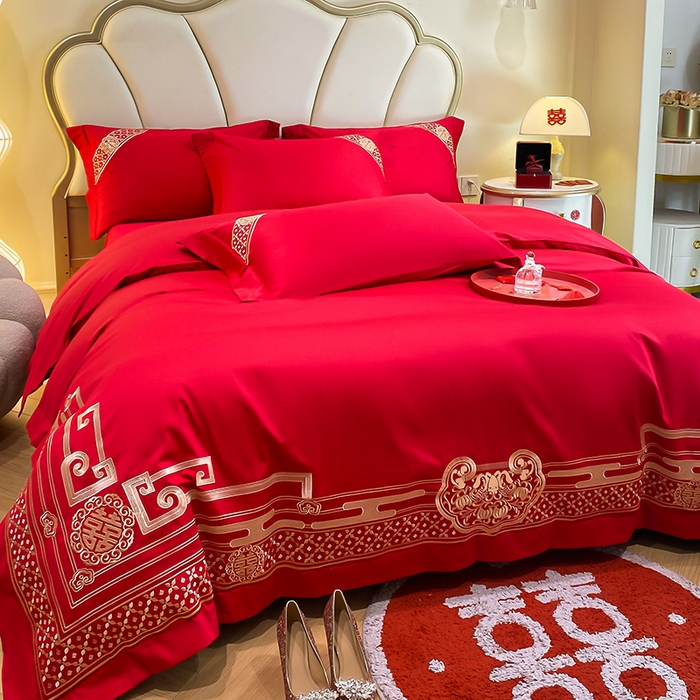 91家纺网 家纺一手货源 找家纺 置顶家纺 2025新款亲肤磨毛刺绣婚庆四件套系列-棚拍 喜结良缘-大红