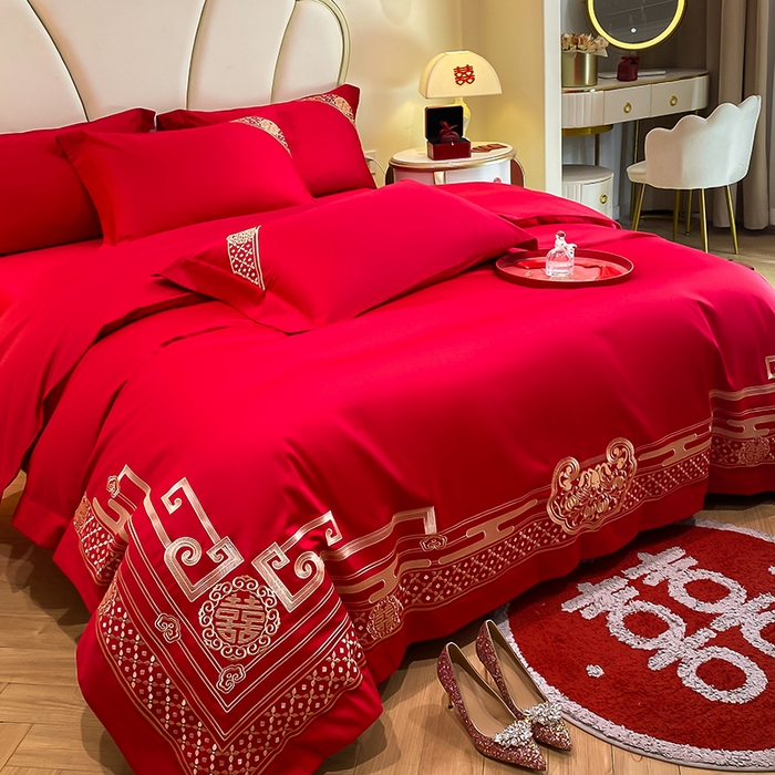 91家纺网 家纺一手货源 找家纺 置顶家纺 2025新款亲肤磨毛刺绣婚庆四件套系列-棚拍 喜结良缘-大红