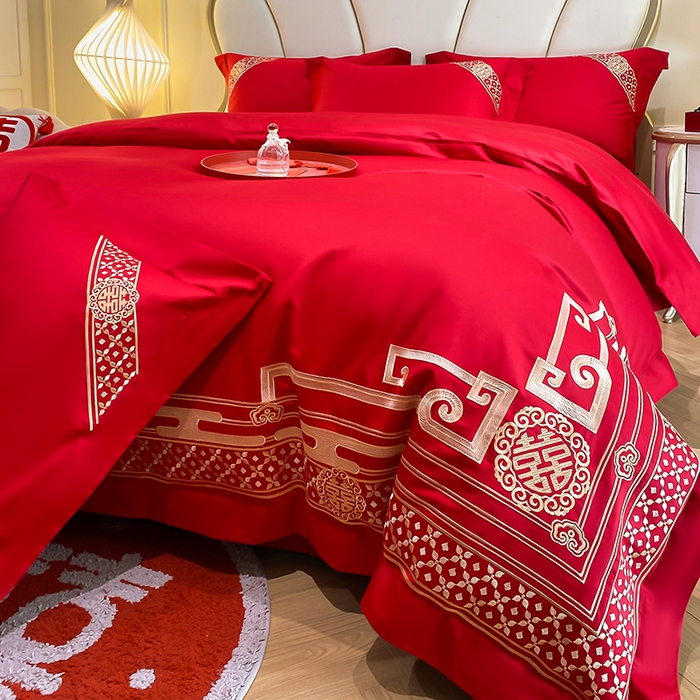 91家纺网 家纺一手货源 找家纺 置顶家纺 2025新款亲肤磨毛刺绣婚庆四件套系列-棚拍 喜结良缘-大红