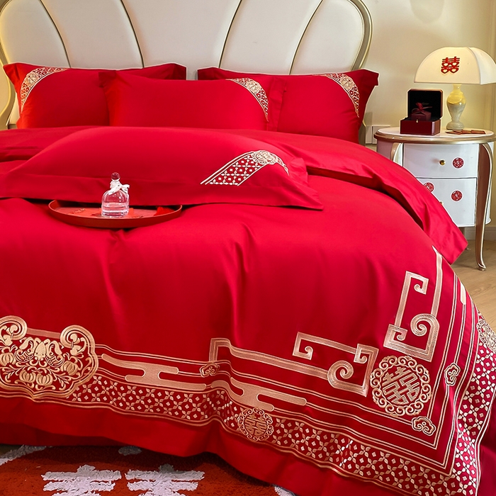 91家纺网 家纺一手货源 找家纺 置顶家纺 2025新款亲肤磨毛刺绣婚庆四件套系列-棚拍 喜结良缘-大红