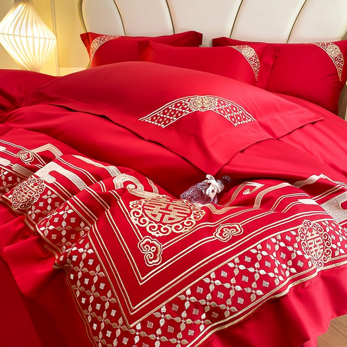 91家纺网 家纺一手货源 找家纺 置顶家纺 2025新款亲肤磨毛刺绣婚庆四件套系列-棚拍 喜结良缘-大红