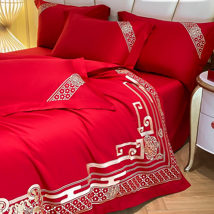 91家纺网 家纺一手货源 找家纺 置顶家纺 2025新款亲肤磨毛刺绣婚庆四件套系列-棚拍 喜结良缘-大红