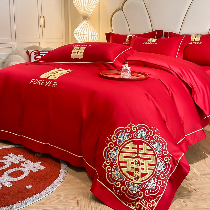 91家纺网 家纺一手货源 找家纺 置顶家纺 2025新款亲肤磨毛刺绣婚庆四件套系列-棚拍 喜结良缘升级版-大红