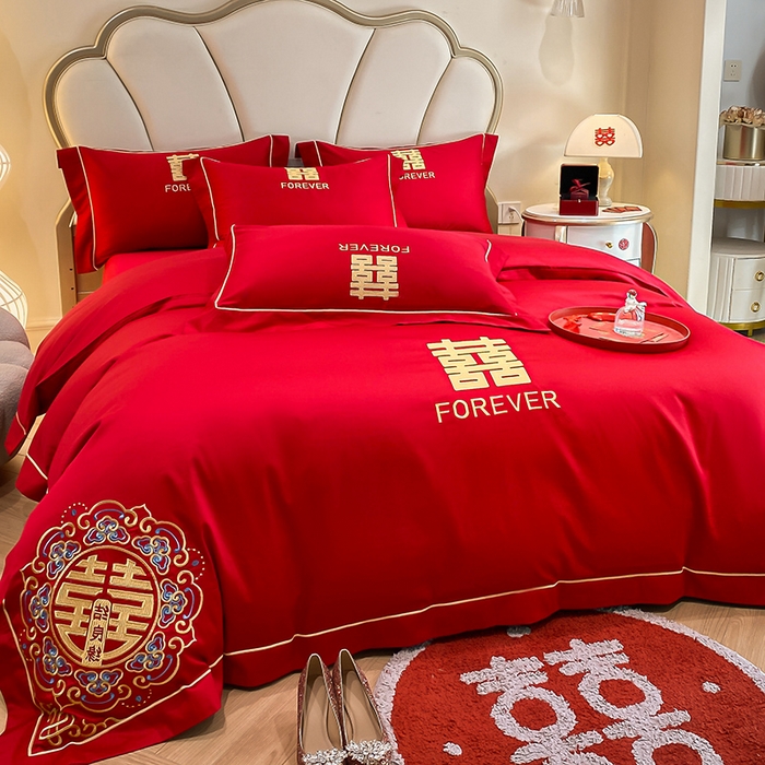 91家纺网 家纺一手货源 找家纺 置顶家纺 2025新款亲肤磨毛刺绣婚庆四件套系列-棚拍 喜结良缘升级版-大红