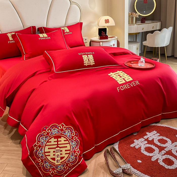 91家纺网 家纺一手货源 找家纺 置顶家纺 2025新款亲肤磨毛刺绣婚庆四件套系列-棚拍 喜结良缘升级版-大红