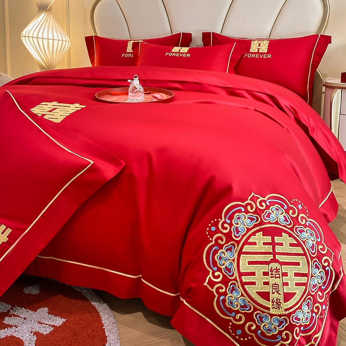 91家纺网 家纺一手货源 找家纺 置顶家纺 2025新款亲肤磨毛刺绣婚庆四件套系列-棚拍 喜结良缘升级版-大红