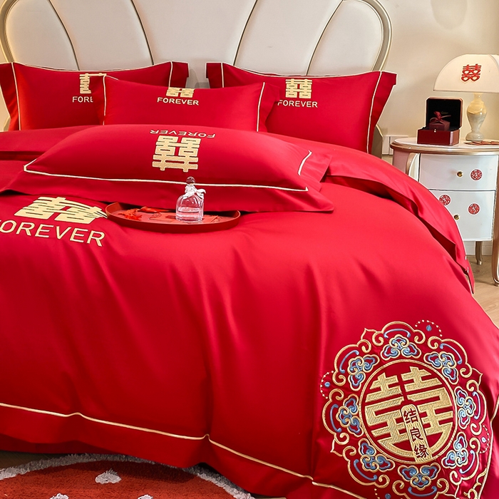 91家纺网 家纺一手货源 找家纺 置顶家纺 2025新款亲肤磨毛刺绣婚庆四件套系列-棚拍 喜结良缘升级版-大红