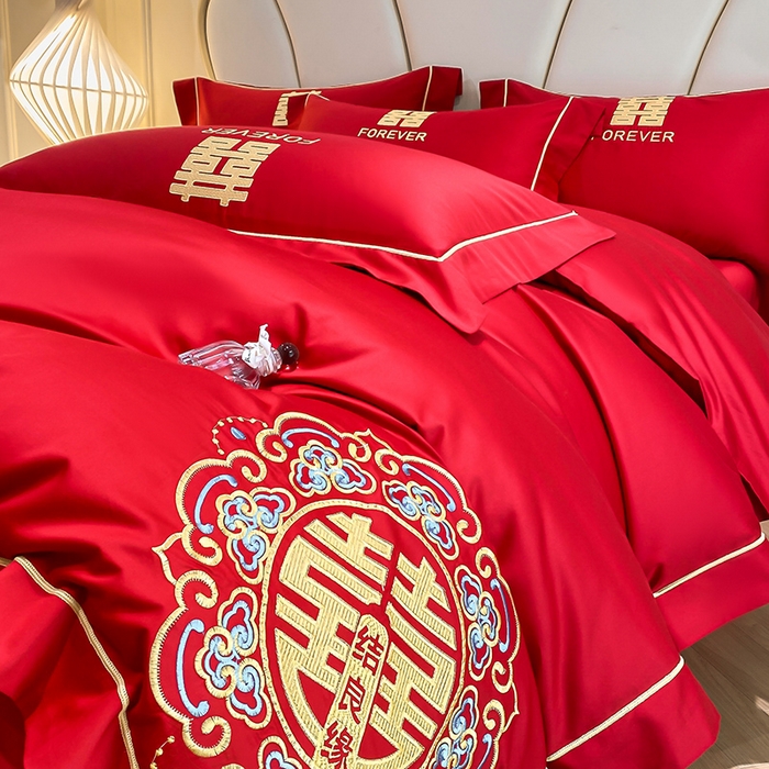 91家纺网 家纺一手货源 找家纺 置顶家纺 2025新款亲肤磨毛刺绣婚庆四件套系列-棚拍 喜结良缘升级版-大红