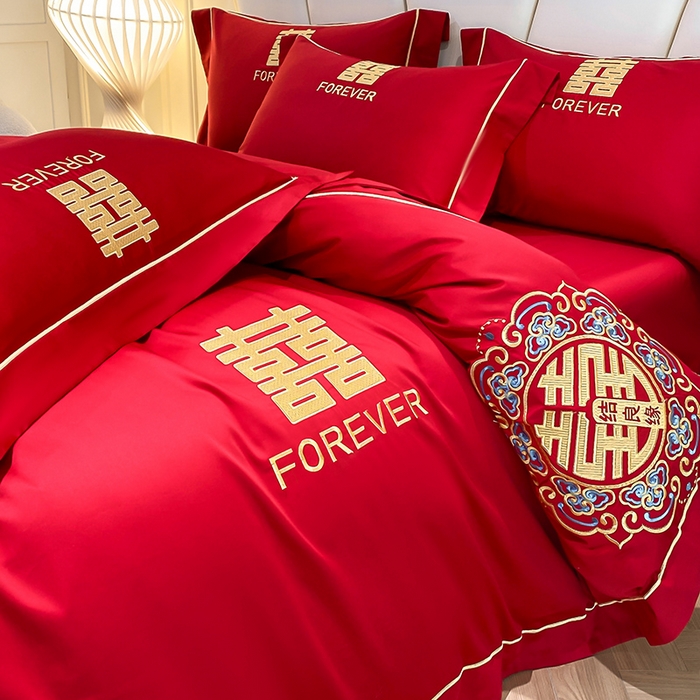 91家纺网 家纺一手货源 找家纺 置顶家纺 2025新款亲肤磨毛刺绣婚庆四件套系列-棚拍 喜结良缘升级版-大红