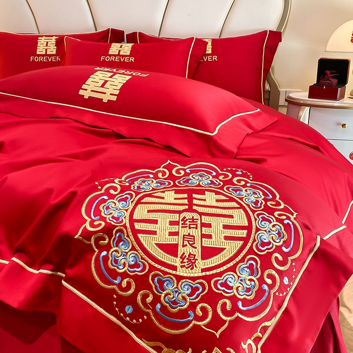 91家纺网 家纺一手货源 找家纺 置顶家纺 2025新款亲肤磨毛刺绣婚庆四件套系列-棚拍 喜结良缘升级版-大红