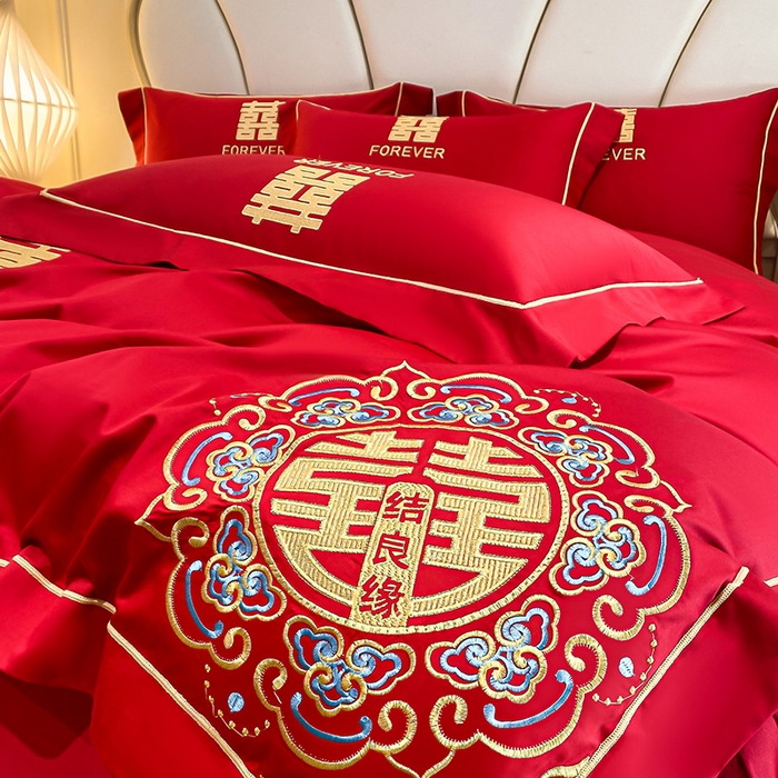 91家纺网 家纺一手货源 找家纺 置顶家纺 2025新款亲肤磨毛刺绣婚庆四件套系列-棚拍 喜结良缘升级版-大红