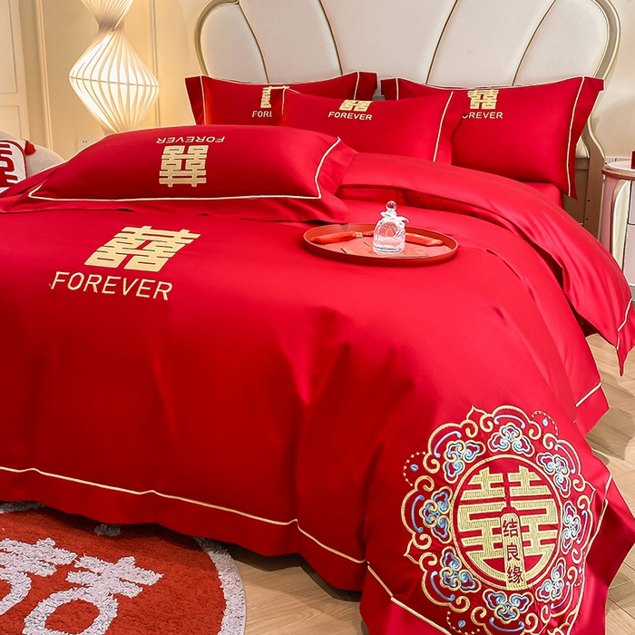 91家纺网 家纺一手货源 找家纺 置顶家纺 2025新款亲肤磨毛刺绣婚庆四件套系列-棚拍 喜结良缘升级版-大红