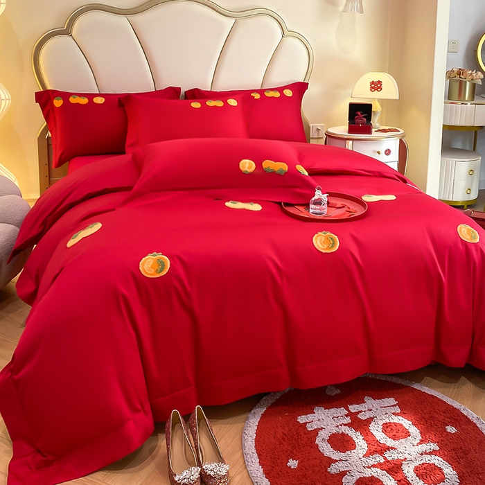 91家纺网 家纺一手货源 找家纺 置顶家纺 2025新款亲肤磨毛刺绣婚庆四件套系列-棚拍 喜事连连-大红