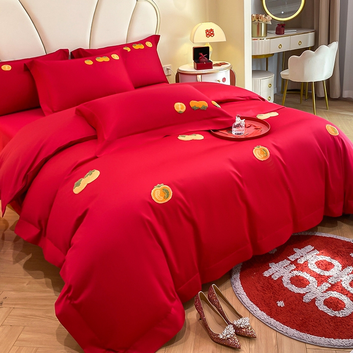 91家纺网 家纺一手货源 找家纺 置顶家纺 2025新款亲肤磨毛刺绣婚庆四件套系列-棚拍 喜事连连-大红