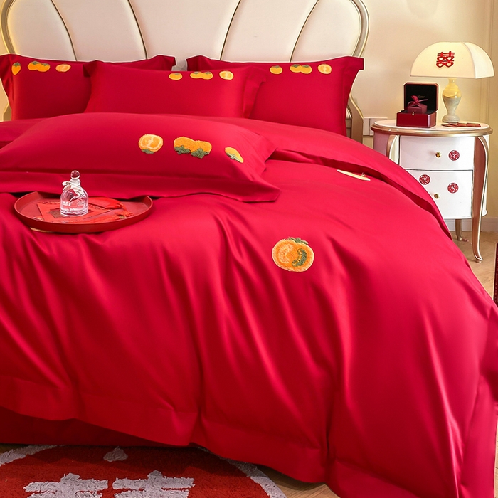 91家纺网 家纺一手货源 找家纺 置顶家纺 2025新款亲肤磨毛刺绣婚庆四件套系列-棚拍 喜事连连-大红