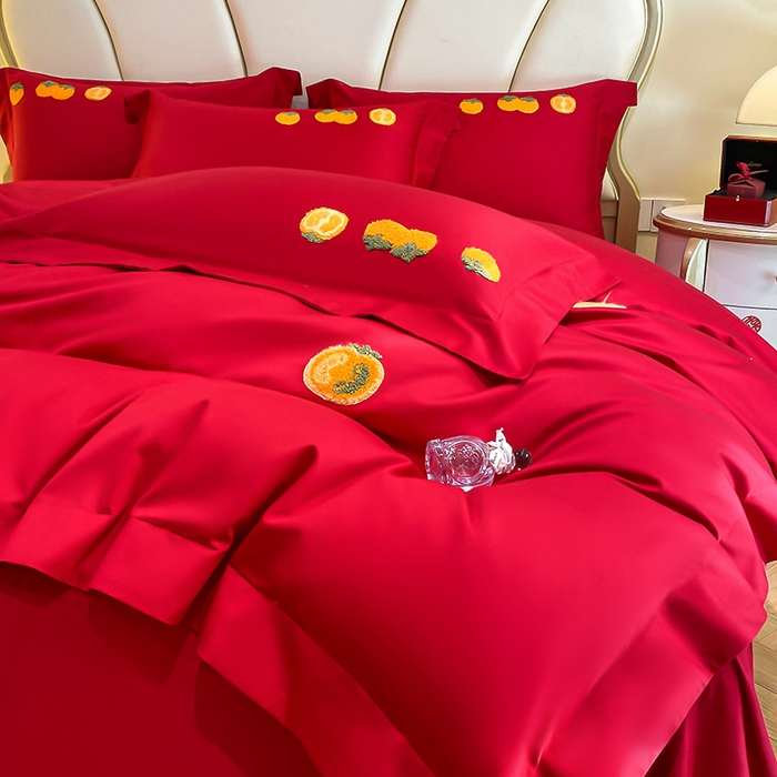 91家纺网 家纺一手货源 找家纺 置顶家纺 2025新款亲肤磨毛刺绣婚庆四件套系列-棚拍 喜事连连-大红