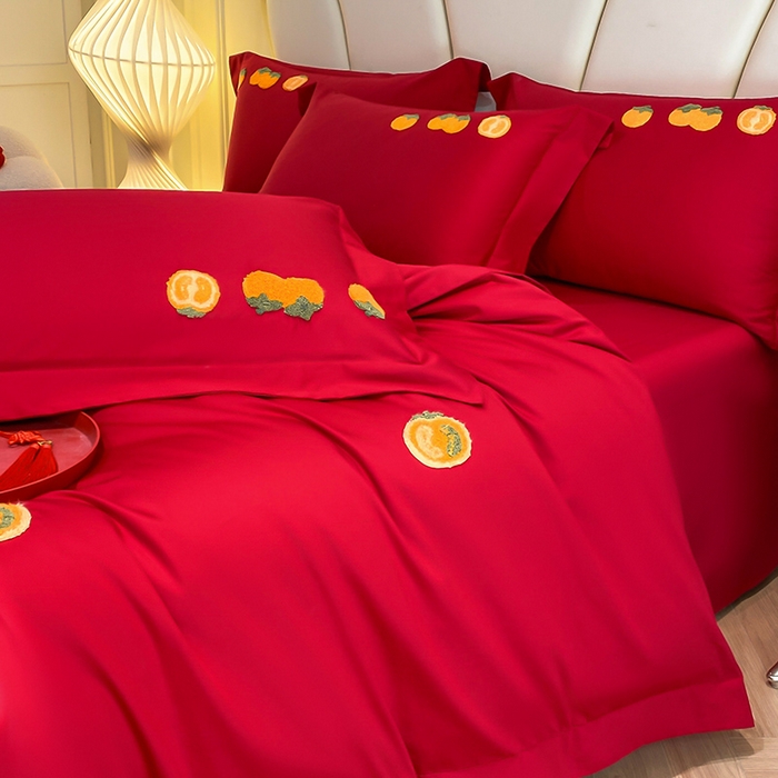 91家纺网 家纺一手货源 找家纺 置顶家纺 2025新款亲肤磨毛刺绣婚庆四件套系列-棚拍 喜事连连-大红