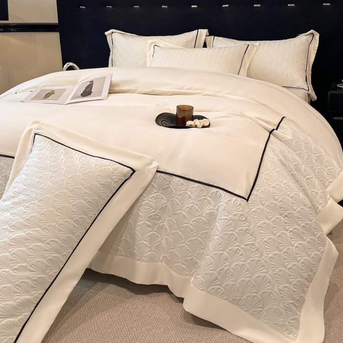 91家纺网 家纺一手货源 找家纺 博纳家纺 2025新款亲肤棉立体绗缝绣花拼角嵌绳四件套-浮光掠影 控价劵后198（严格按控价来） 浮光掠影-象牙白