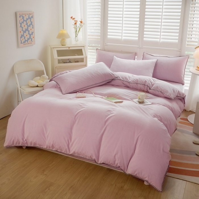 91家纺网 家纺一手货源 找家纺 啊雅家居 2025新款亲肤舒适贝壳边宝宝绒纯色四件套 贝壳清粉