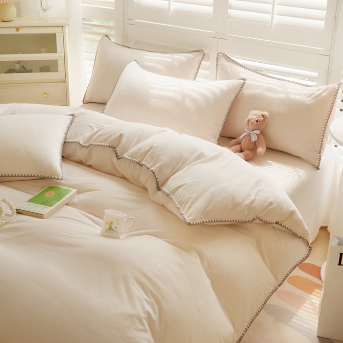 91家纺网 家纺一手货源 找家纺 啊雅家居 2025新款亲肤舒适贝壳边宝宝绒纯色四件套 贝壳乳白