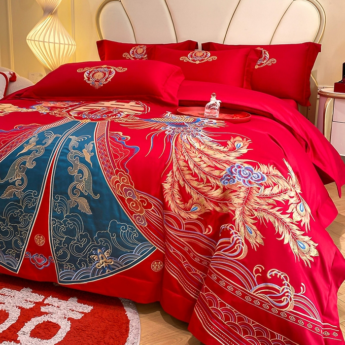 91家纺网 家纺一手货源 找家纺 置顶家纺 2025新款亲肤磨毛刺绣婚庆四件套系列-棚拍 祥云瑞彩-大红