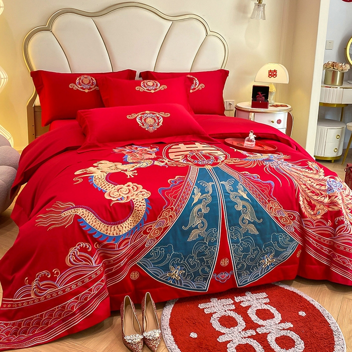 91家纺网 家纺一手货源 找家纺 置顶家纺 2025新款亲肤磨毛刺绣婚庆四件套系列-棚拍 祥云瑞彩-大红