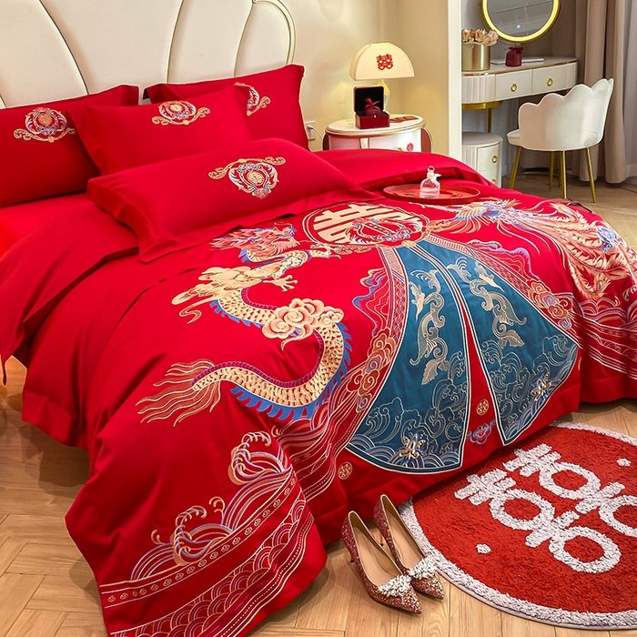 91家纺网 家纺一手货源 找家纺 置顶家纺 2025新款亲肤磨毛刺绣婚庆四件套系列-棚拍 祥云瑞彩-大红