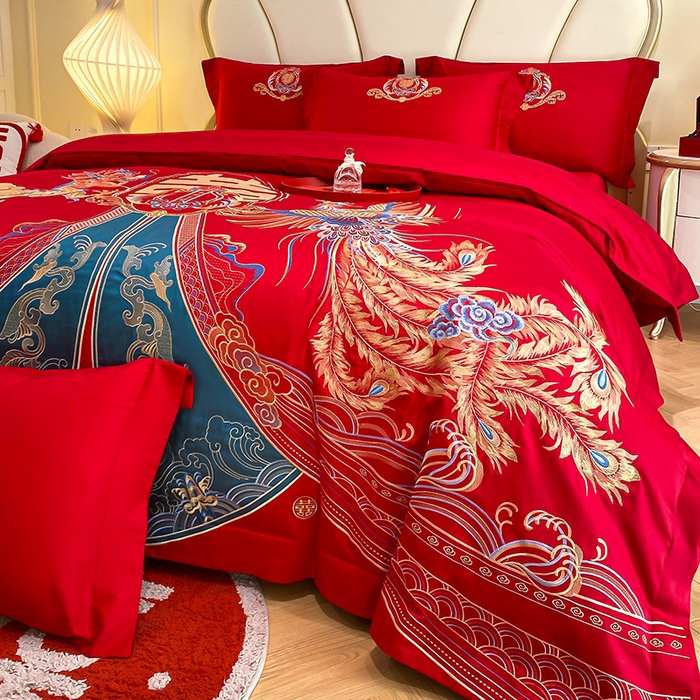 91家纺网 家纺一手货源 找家纺 置顶家纺 2025新款亲肤磨毛刺绣婚庆四件套系列-棚拍 祥云瑞彩-大红