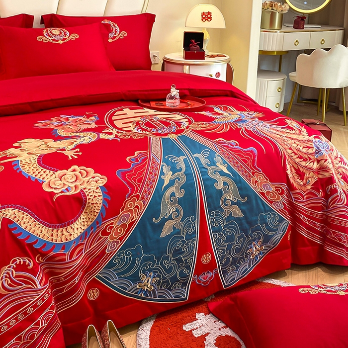 91家纺网 家纺一手货源 找家纺 置顶家纺 2025新款亲肤磨毛刺绣婚庆四件套系列-棚拍 祥云瑞彩-大红