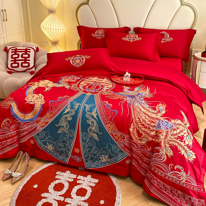 91家纺网 家纺一手货源 找家纺 置顶家纺 2025新款亲肤磨毛刺绣婚庆四件套系列-棚拍 祥云瑞彩-大红