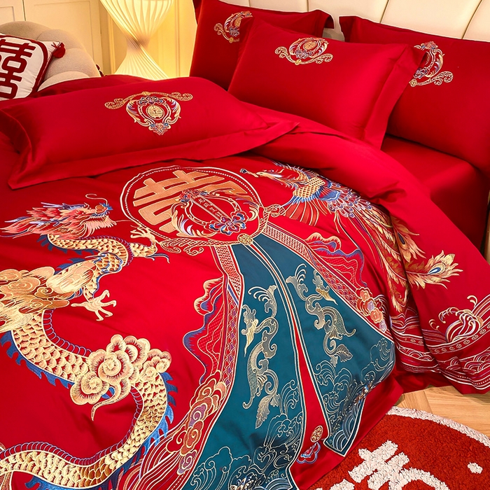 91家纺网 家纺一手货源 找家纺 置顶家纺 2025新款亲肤磨毛刺绣婚庆四件套系列-棚拍 祥云瑞彩-大红