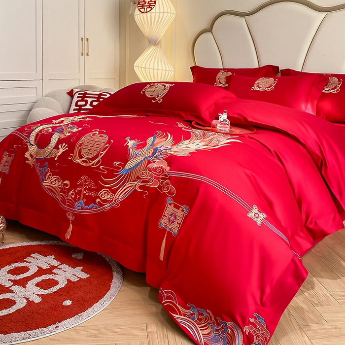 91家纺网 家纺一手货源 找家纺 置顶家纺 2025新款亲肤磨毛刺绣婚庆四件套系列-棚拍 至尊龙凤-大红