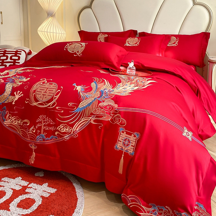 91家纺网 家纺一手货源 找家纺 置顶家纺 2025新款亲肤磨毛刺绣婚庆四件套系列-棚拍 至尊龙凤-大红