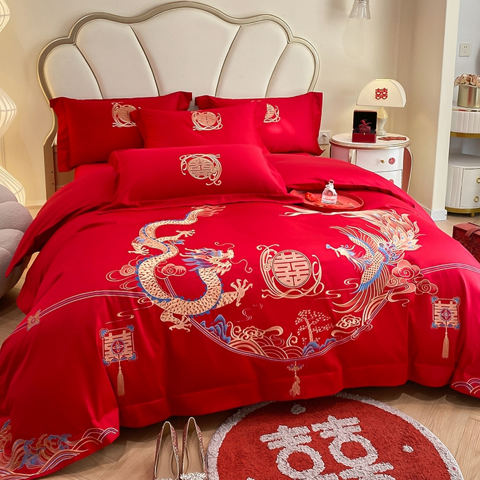 91家纺网 家纺一手货源 找家纺 置顶家纺 2025新款亲肤磨毛刺绣婚庆四件套系列-棚拍 至尊龙凤-大红