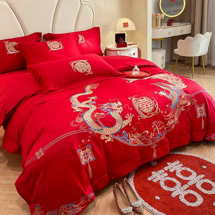 91家纺网 家纺一手货源 找家纺 置顶家纺 2025新款亲肤磨毛刺绣婚庆四件套系列-棚拍 至尊龙凤-大红